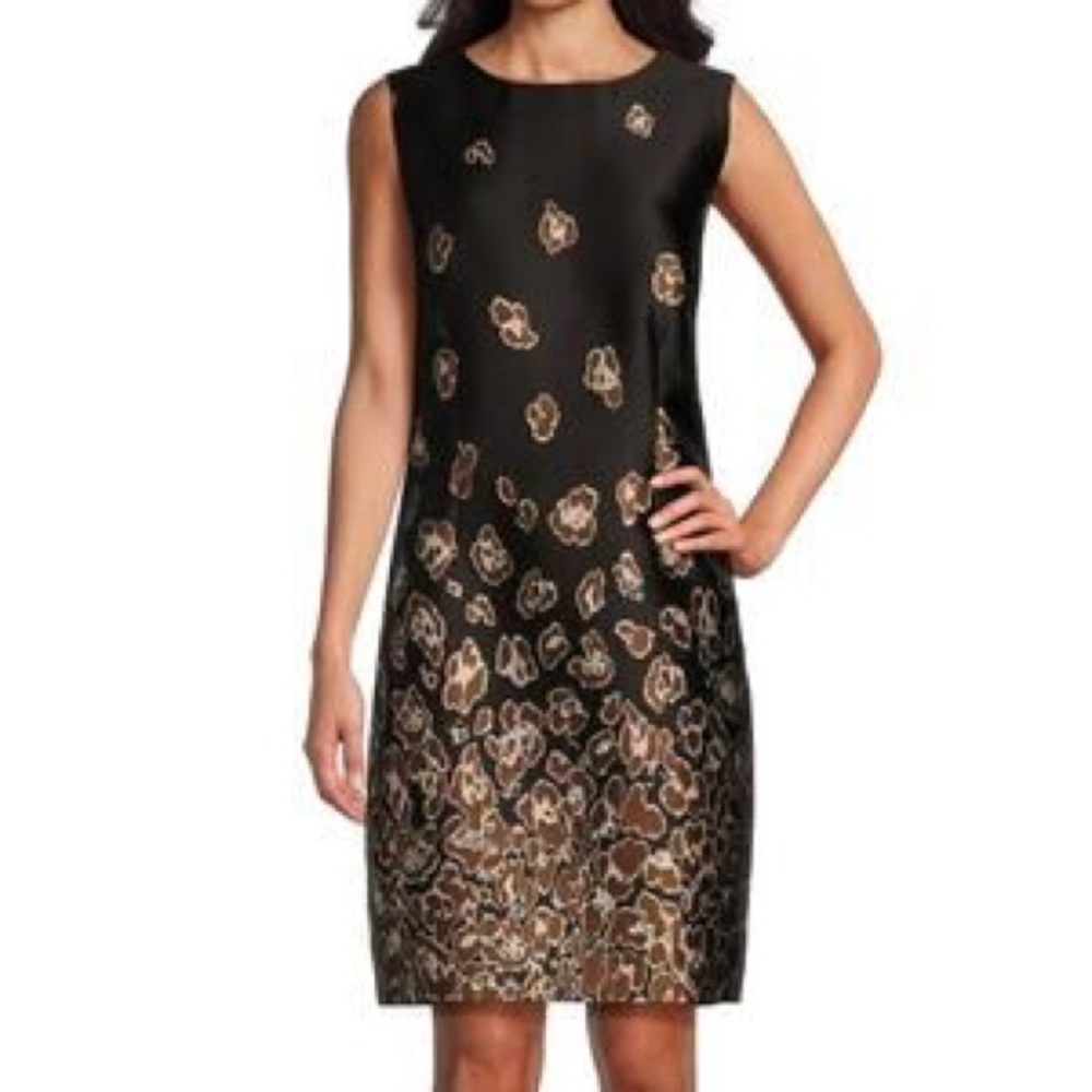 Caroline Rose Taffeta Jacquard Leopard Sleeveless Black Brown Sheath Dress XS/S